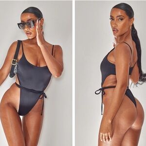 Pretty Little Thing Black Wrap Waist High Leg Swimsuit